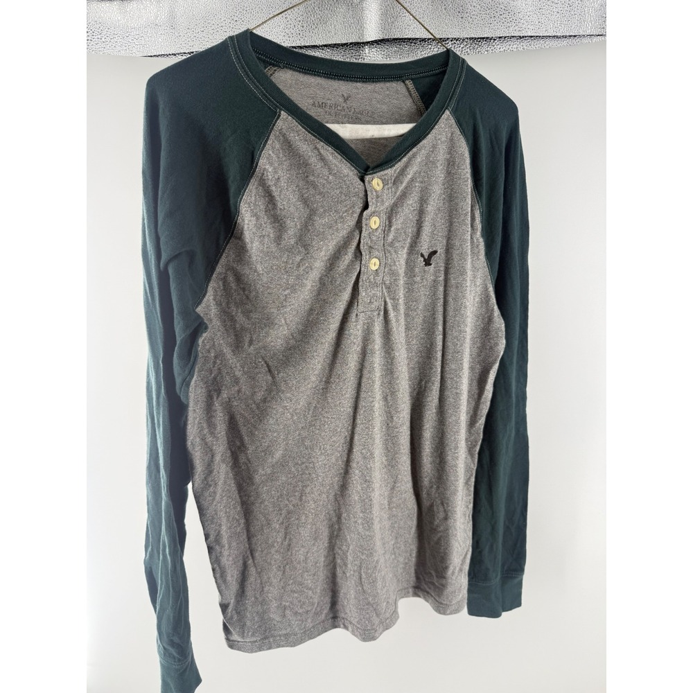 American Eagle Mens Small Henley Shirt Long Sleeve Raglan Baseball Gray Green